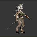 Ethereal Mythical Woman With White Long Hair Antlers Green Outfit Staff And Deer Legs