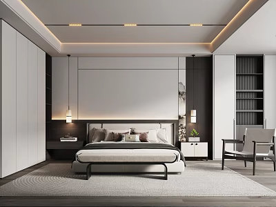 Modern Bedroom Interior With King Size Bed Wardrobes Nightstands And Accent Lighting 3d model