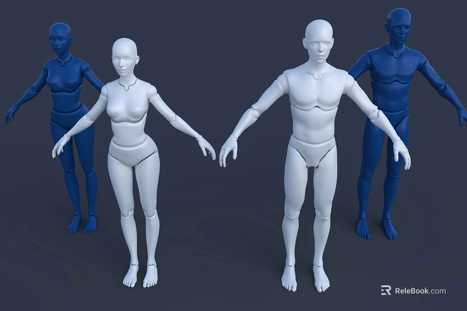 Multiple 3D Human Figures White And Blue Standing With Arms Outstretched 3d model 