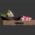 Fresh Assorted Foods in Wooden Tray with Pink Meat Slices Green Vegetables and Vermicelli