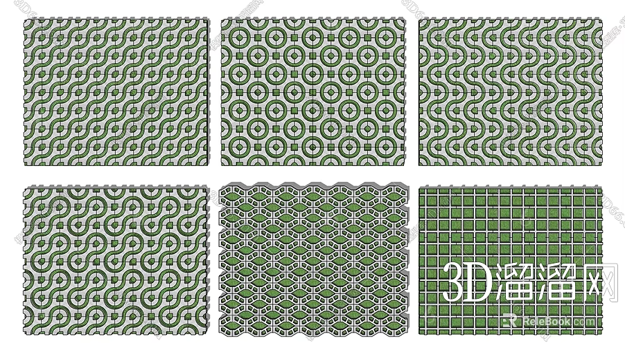 3D Decorative Floor Tiles With Various Green Patterns And Stylish Designs 3d model 