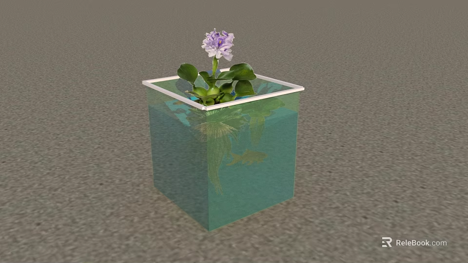 Transparent Square Fish Tank With Aquatic Plants Small Fish And Purple Flower 3d model 