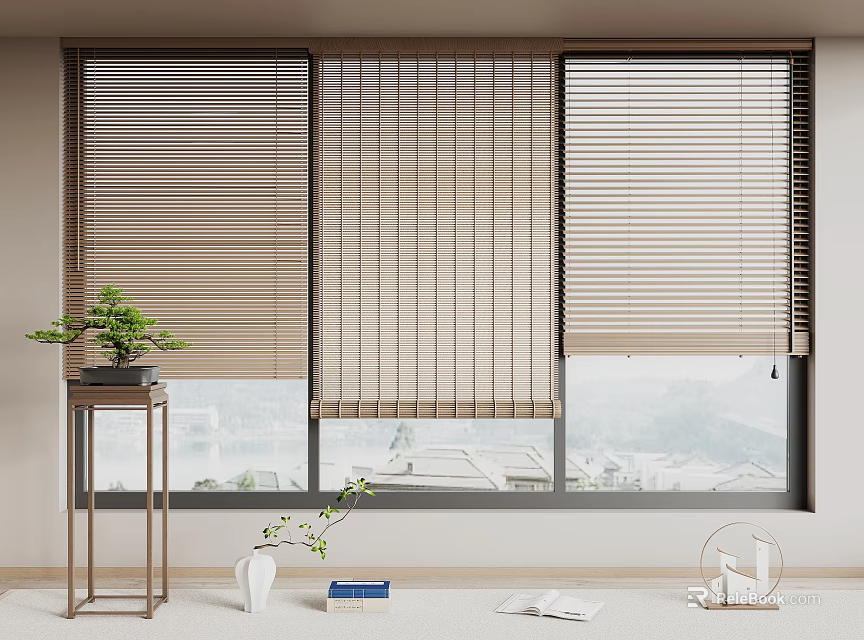 Elegant Horizontal Blinds For Window With Scenic View Indoor Plants And Decorative Items 3d model 