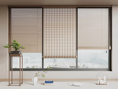 Elegant Horizontal Blinds For Window With Scenic View Indoor Plants And Decorative Items 3d model