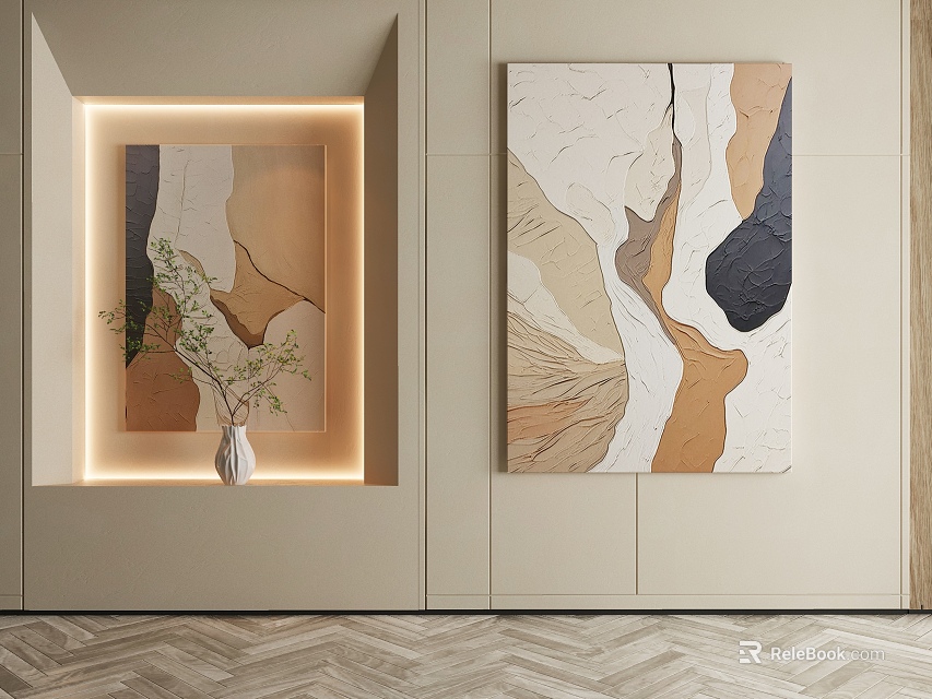 Abstract Paintings Hanging On Beige Wall With Illuminated Niche Vase Green Plants And Neutral Tones 3d model 
