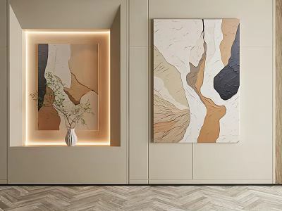 Abstract Paintings Hanging On Beige Wall With Illuminated Niche Vase Green Plants And Neutral Tones 3d model