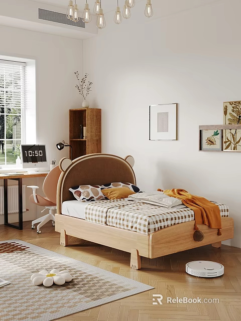 Cozy Kids Bedroom With Bear Ear Headboard Plaid Sheets Pillows Desk And Decorative Paintings 3d model 