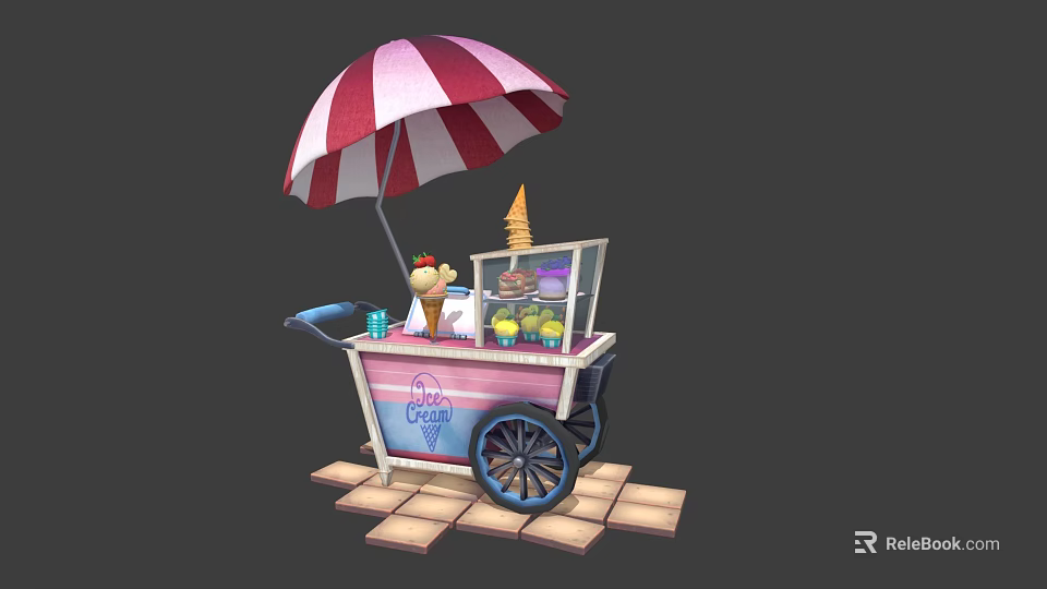Vibrant Ice Cream Cart With Red And White Striped Umbrella Cones And Fruits 3d model 