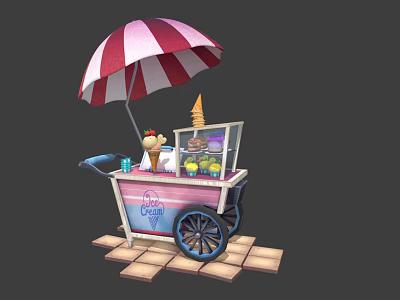 Vibrant Ice Cream Cart With Red And White Striped Umbrella Cones And Fruits 3d model