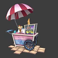 Vibrant Ice Cream Cart With Red And White Striped Umbrella Cones And Fruits