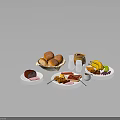 Assorted Breakfast Food Platter With Bread Ham Eggs Banana And Jam