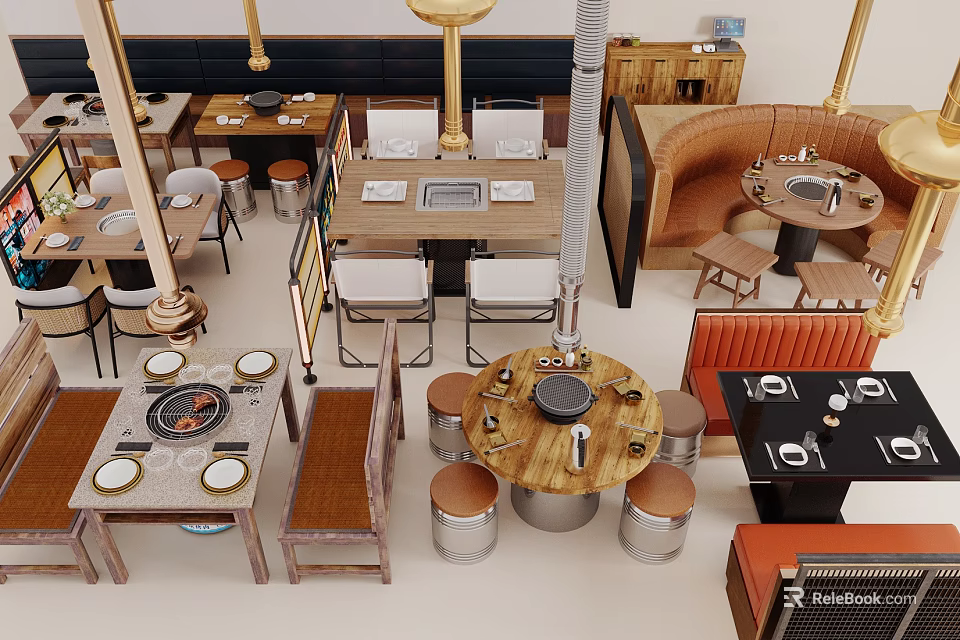 Modern Restaurant Interior With Table And Chair Sets Round Square Tables Hotpot Stoves 3d model 