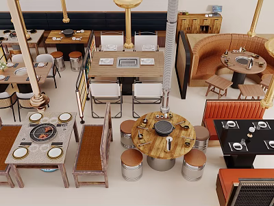 Modern Restaurant Interior With Table And Chair Sets Round Square Tables Hotpot Stoves 3d model