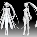 Game Character 3D Model with Twin Ponytails Flowing Outfit and Sword Two Angles