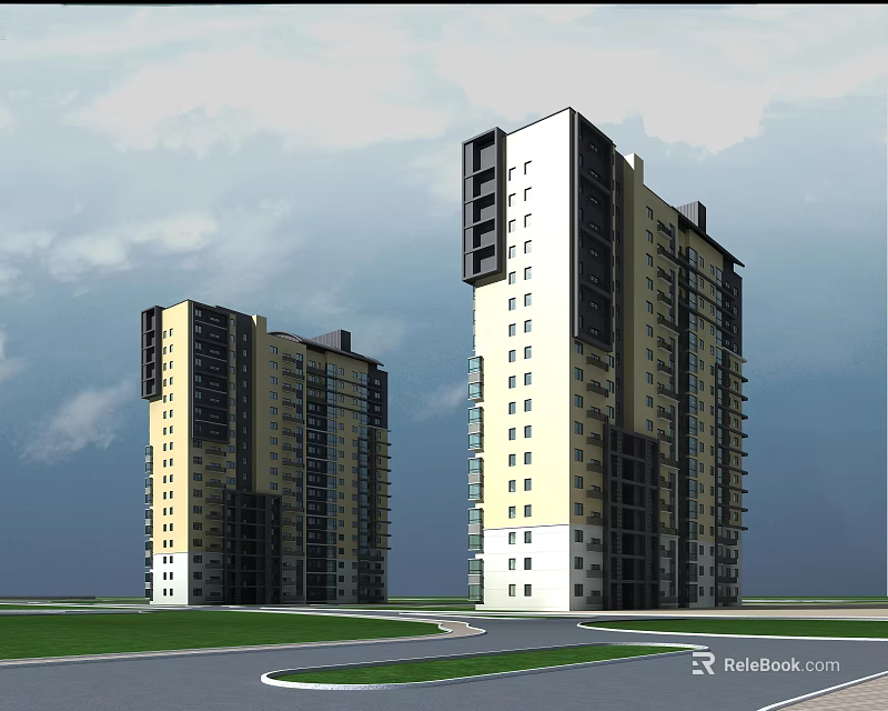Modern High Rise Residential Buildings with Contemporary Exterior and Green Lawn Area 3d model 