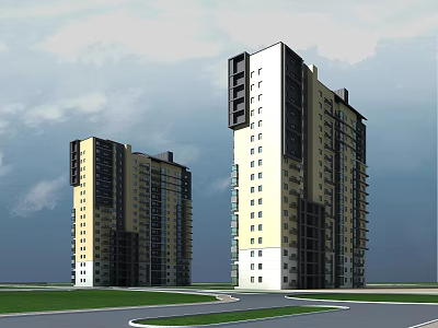 Modern High Rise Residential Buildings with Contemporary Exterior and Green Lawn Area 3d model