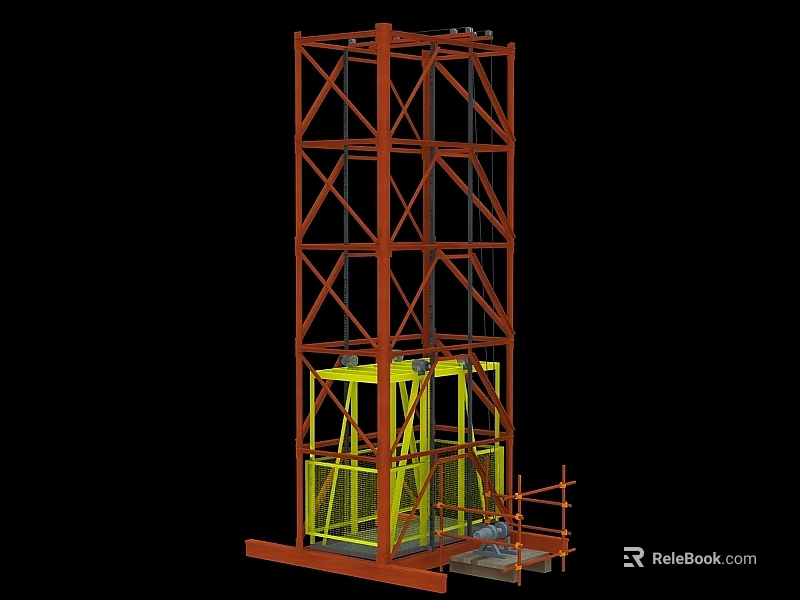 Heavy Duty Industrial Construction Elevator With Red Metal Frame And Yellow Cabin 3d model 