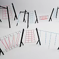 Outdoor Playground Climbing Equipment With Red Blue Black Metal Frames Rope Nets And Ladders