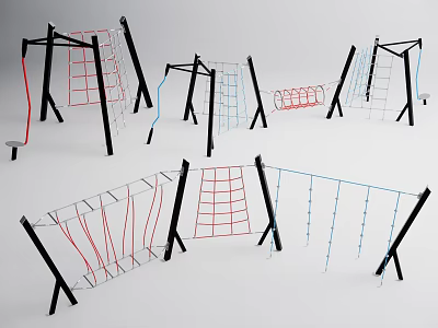 Outdoor Playground Climbing Equipment With Red Blue Black Metal Frames Rope Nets And Ladders 3d model