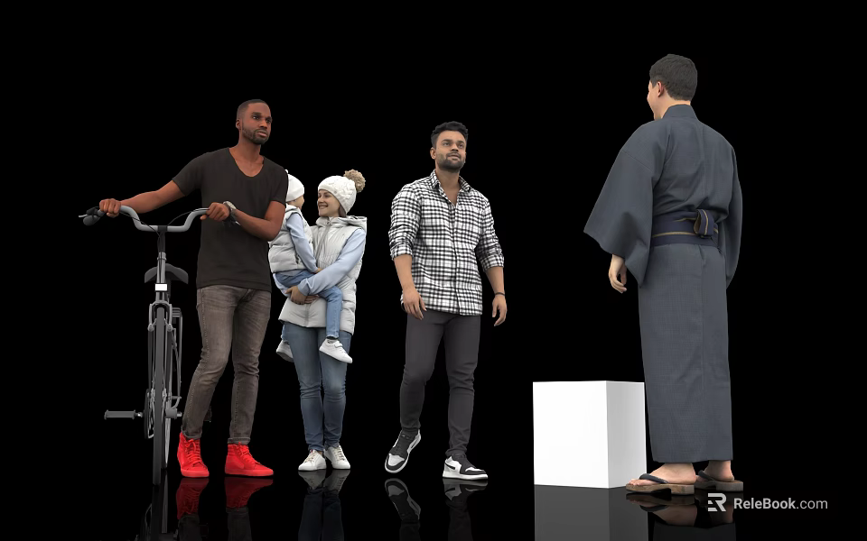 Group of People Including Bicycle Rider Woman Carrying Child And Kimono Man Near White Cube 3d model 