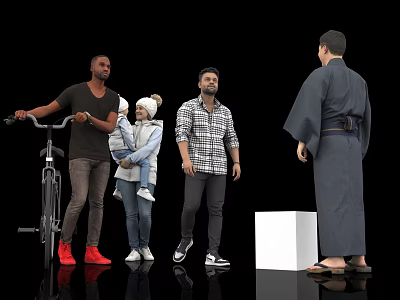 Group of People Including Bicycle Rider Woman Carrying Child And Kimono Man Near White Cube 3d model