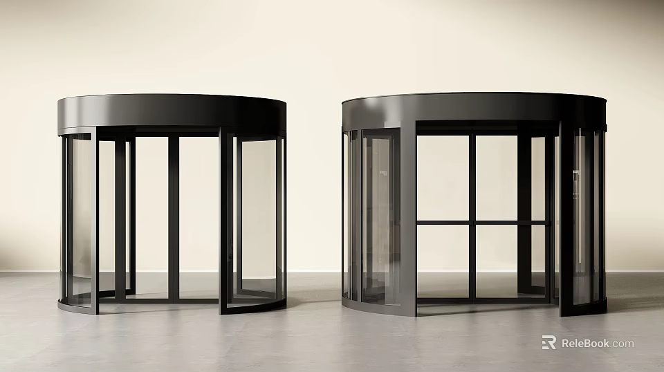 Two Modern Black Revolving Doors With Glass Panels And Metal Frames 3d model 
