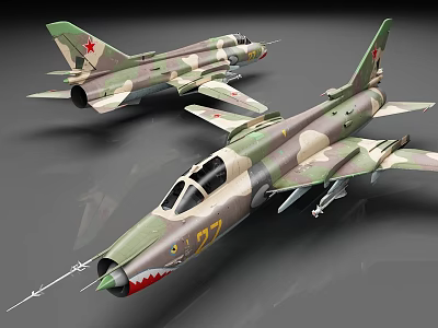 Camouflage Fighter Jet Models With Red Star Markings Shark Mouth Design And Number 77 3d model
