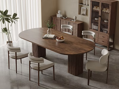 Modern Wooden Oval Dining Table Set With Four Chairs Storage Cabinet And Plant 3d model