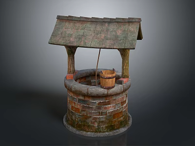 Ancient Well Structure Featuring Brick Stone Base Thatched Roof And Wooden Bucket 3d model