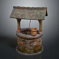 Ancient Well Structure Featuring Brick Stone Base Thatched Roof And Wooden Bucket