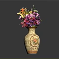 Vibrant Assorted Flowers Placed In Decorative Vase With Yellow Gold Floral Patterns