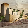 Ancient Desert Castle With Stone Walls And Tower Surrounded By Lush Palm Trees