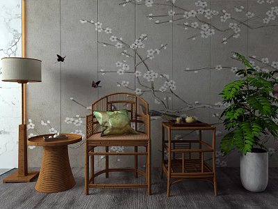 Bamboo Leisure Chair with Plum Blossom Patterned Wall Side Table Green Plant and Floor Lamp 3d model