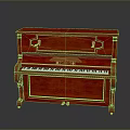Red Wooden Upright Piano With Carved Details And Black White Keys