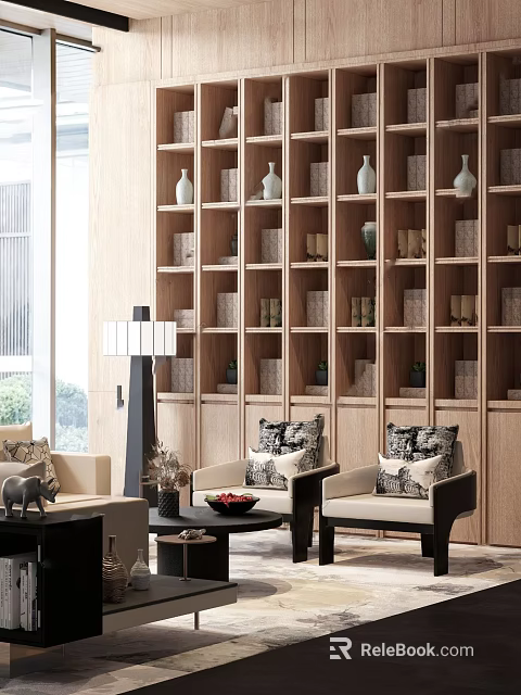 Cozy Leisure Area With Wooden Shelves Decorative Vases Armchairs Pillows And Floor Lamp 3d model 