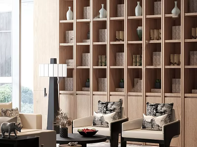 Cozy Leisure Area With Wooden Shelves Decorative Vases Armchairs Pillows And Floor Lamp 3d model