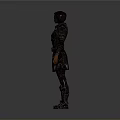 A Woman In Red And Black Full Body Hooded Armor Standing In Gray Background