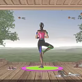 Woman Doing Yoga On Wooden Terrace With Mountain View And Green Pink Mat