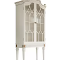 White Wine Cabinet With Arched Glass Doors And Decorative Gold Accent Legs