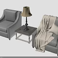 Stylish Gray Armchairs With Small Coffee Table Table Lamp Beige Blanket And Pillow