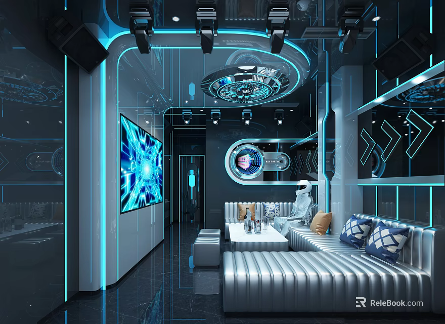 Modern KTV Interior With Colorful Neon Lights Comfortable Seats Large Screen And Sound System 3d model 
