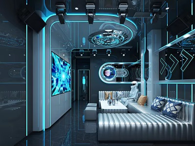Modern KTV Interior With Colorful Neon Lights Comfortable Seats Large Screen And Sound System 3d model