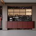 Modern Red Wine Sideboard Kitchen Dining Area With Marble Backsplash Open Shelves And Coffee Machine