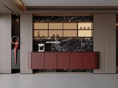 Modern Red Wine Sideboard Kitchen Dining Area With Marble Backsplash Open Shelves And Coffee Machine 3d model