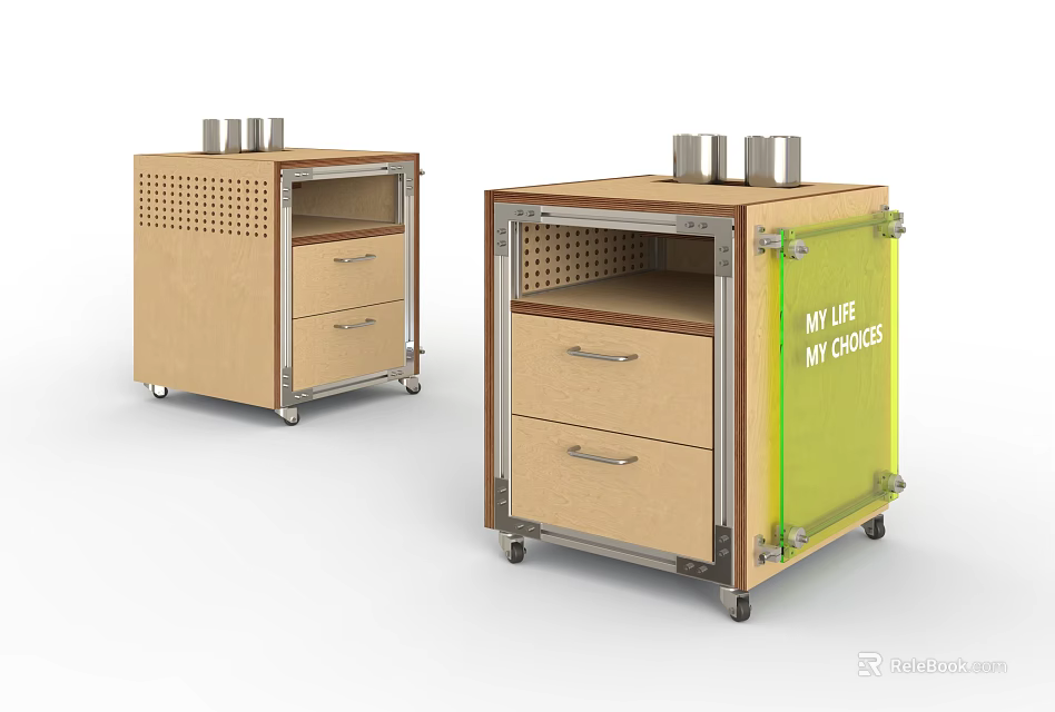 Wooden Storage Cabinet With Drawers Open Shelf Metal Frame And Wheels 3d model 