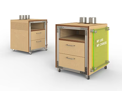 Wooden Storage Cabinet With Drawers Open Shelf Metal Frame And Wheels 3d model