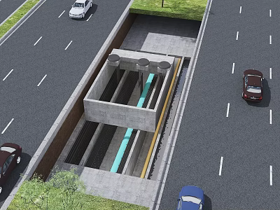 Urban Road Infrastructure With Underground Tunnel Tracks And Vehicles On Traffic Lanes 3d model