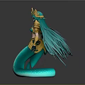Mythical Mermaid Character With Teal Long Hair Golden Crown And Turquoise Tail