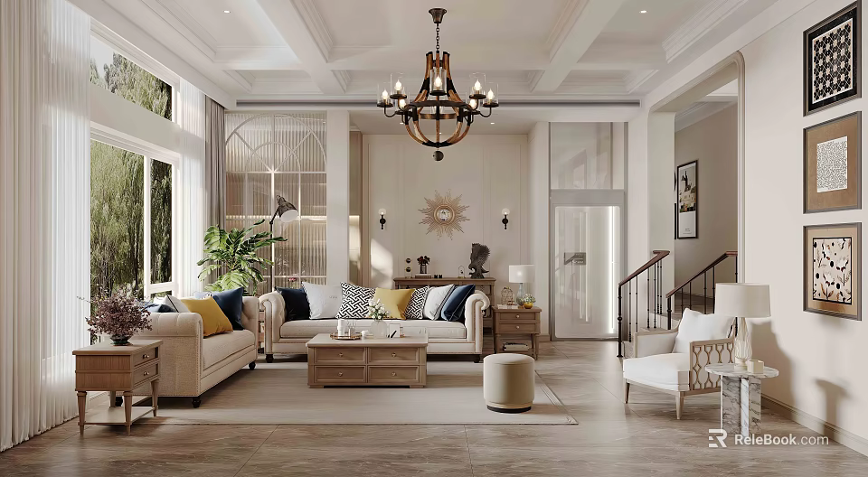 Spacious Bright American Living And Dining Room Interior With Cozy Furnishings And Classic Wooden Chandelier 3d model 
