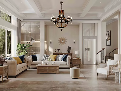 Spacious Bright American Living And Dining Room Interior With Cozy Furnishings And Classic Wooden Chandelier 3d model